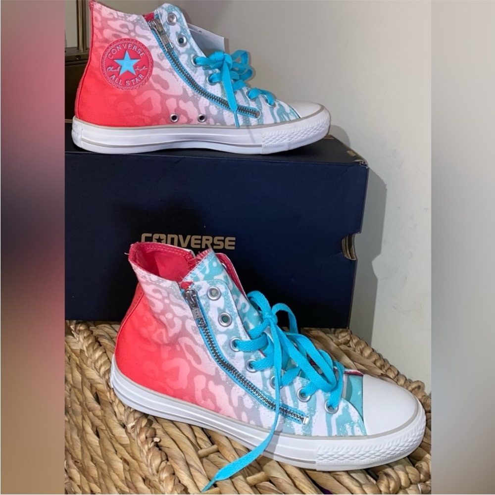 New double zip Converse all star hi top sneakers pink orange coral blue leopard